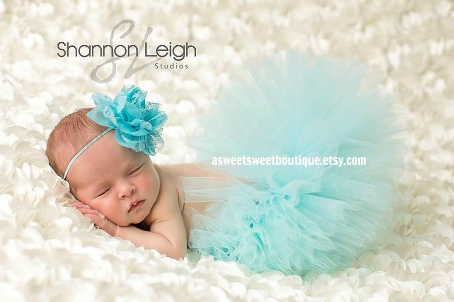 Sweet Aqua Frost Tutu Newborn Tutu Custom Made With Matching Vintage Style Flower Headband Stunning Newborn Photo Prop