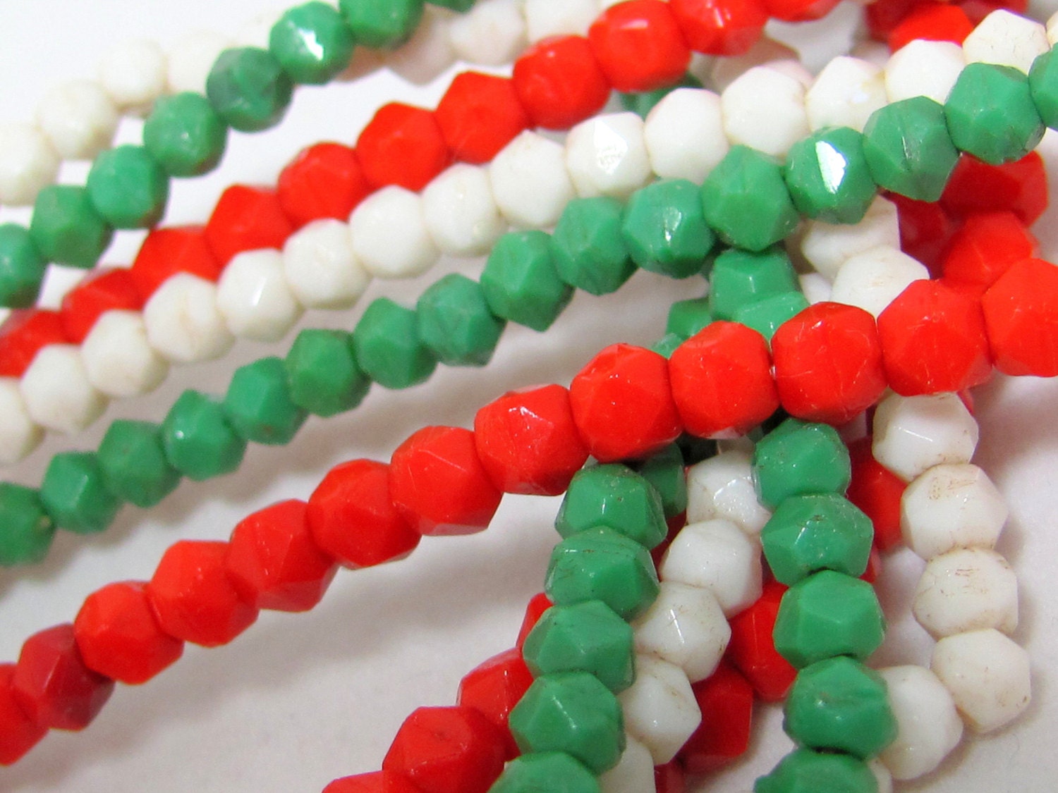 REDUCED Vintage Milk Glass Beads, 3 x 28" Long Strings Small Red, White & Green 3mm Opaque Milk Glass Faceted Beads 1950s