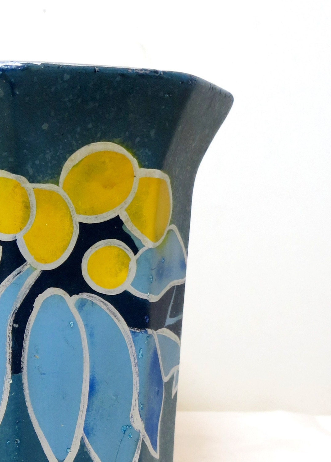 Art Deco Vase, Staffordshire Brentleigh Ware Shabby Chic Hand-Painted 8-sided Teal Floral Panel Vase 1930s