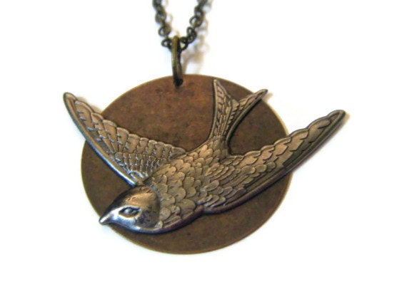 Silver bird on copper tag pendant necklace