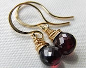 Garnet Earrings AAA Gemstone Gold Wire Wrapped January Birthstone