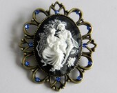 Vintage Inspired Black, White, Blue and Antique Gold Rhinestone Brooch - Cameo - Handmade, Pin, Metal Brooch, Accessories, Cameo Brooch