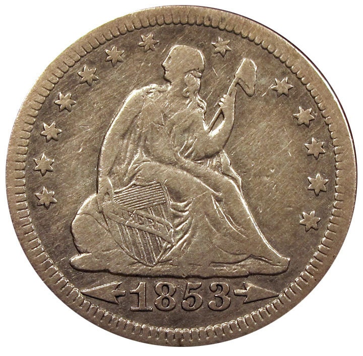 1853 seated liberty  quarter fine condition silver coin