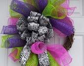 Lime Green, Purple & Pink Spiral Zebra Mesh Grapevine Wreath
