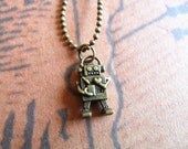 Steampunk Robot Necklace- Minimalist Miniature Tiny 3D Bronze Music Robot Love Heart Pendant- modern casual simple, gift for musical lover
