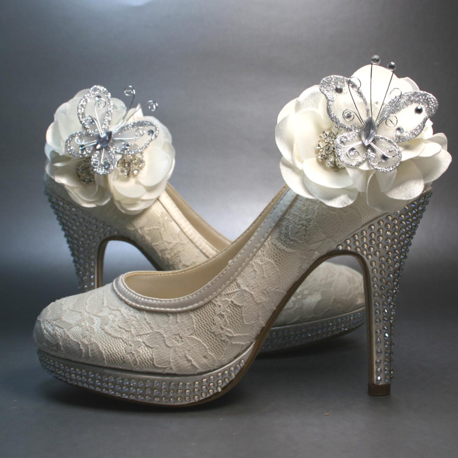 Wedding Shoes -- Ivory Platform Heels with Lace Overlay and Ivory Flowers with Silver Rhinestones and Featuring a Silver Butterfly