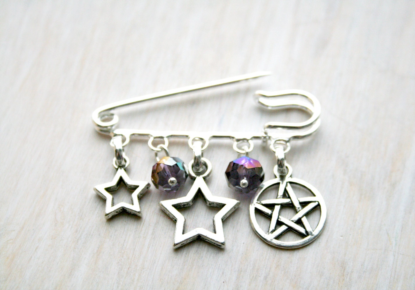 Star brooch. Tibetan silver star. Swarowski  violet AB beads. Star  Safety pin brooch. Big star