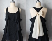 BLUSH AURA - Romantic black flowy tier blouse // nude blush creme // chiffon sash bow // tunic // tank top // racerback