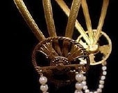 RARE 1920s Estate VAUDEVILLE Flapper Bronze Headpiece Head band Tiara Coronet Crown - Stunning 20s Glass Draped Pearls Enamelled Bell Drops