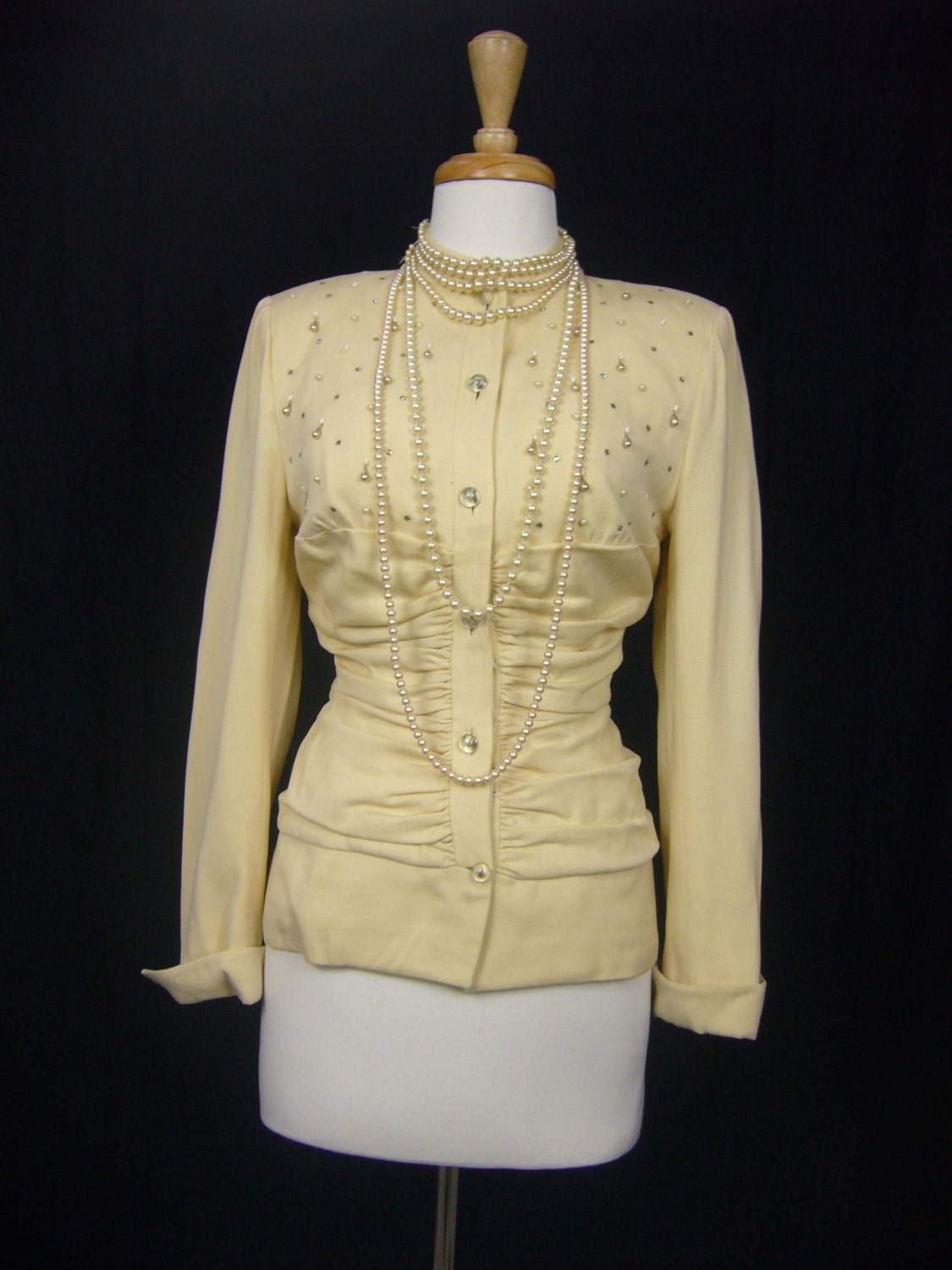 1950s Bombshell Designer LILLI ANN Ruched Vanilla Ivory Wool Rhinestone Champagne Pearl Hourglass Jacket - Coat Suit Jacket