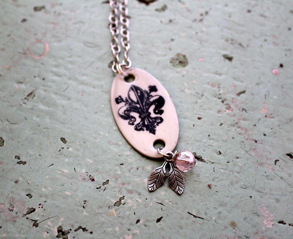 Pink Crystal French Fleur de Lis Oval Pendant Necklace