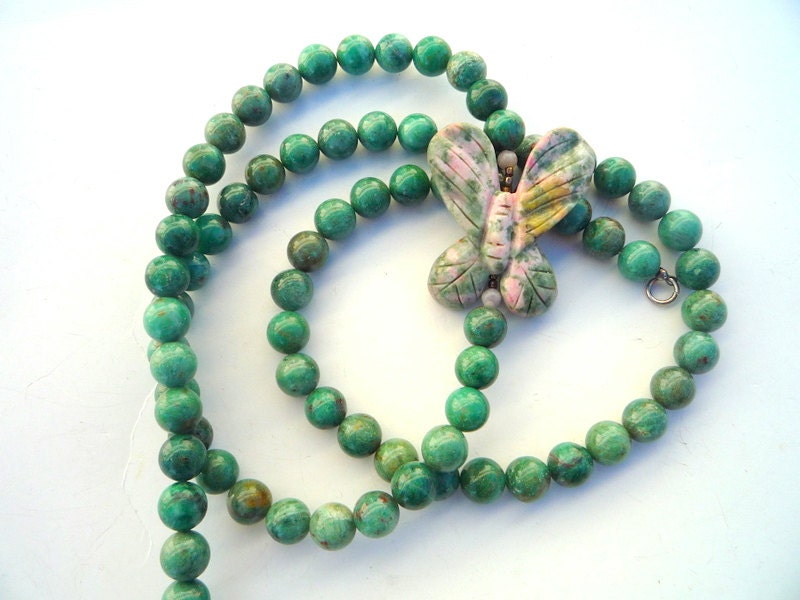 African Jade semiprecious stones and carved Lapis Nevada butterfly focal bead,necklace.