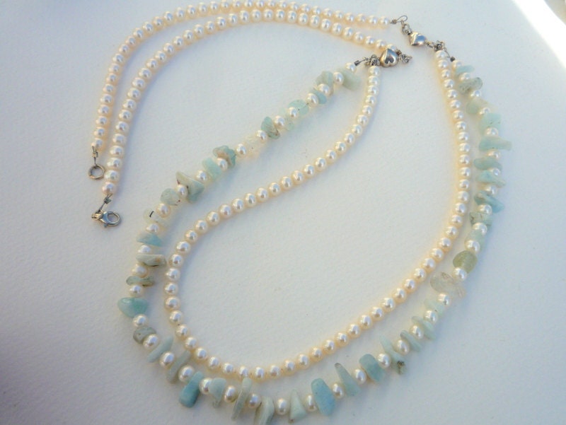 Three in One Freshwater Pearls and Aquamarine Chips , necklace.