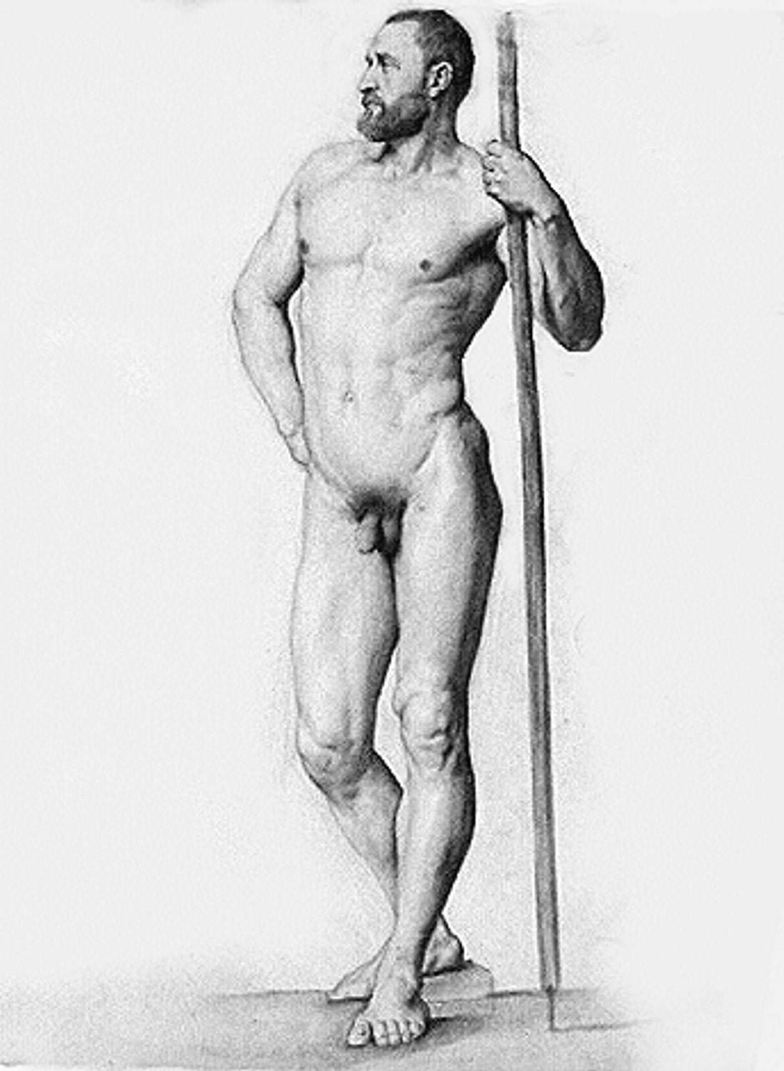 Male Pencil Graphite Drawing Figure Nude with Pole on 18x24" Bristol Paper Charcoal