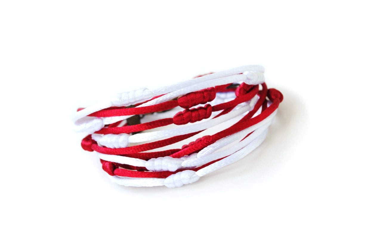 Red and white double wrap multistrand bracelet, knotted satin cords, summer, wedding, gift for her, rope jewelry