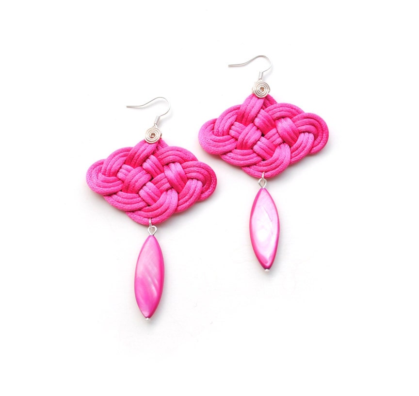 Knotted Rattail Chandelier Earrings, Fuchsia Satin Cords, Long Mother Pearl Beads Chinese Knot, Macrame, Gift, Victorian style