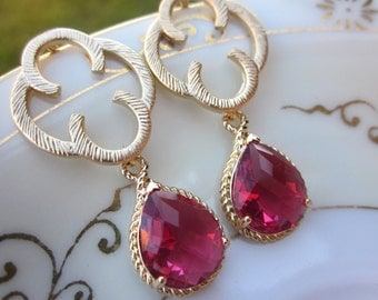 Red Garnet Ruby Earrings Gold Clover Quatrefoil - Sterling Silver Posts - Bridesmaid Earrings - Wedding Earrings - Wedding Jewelry