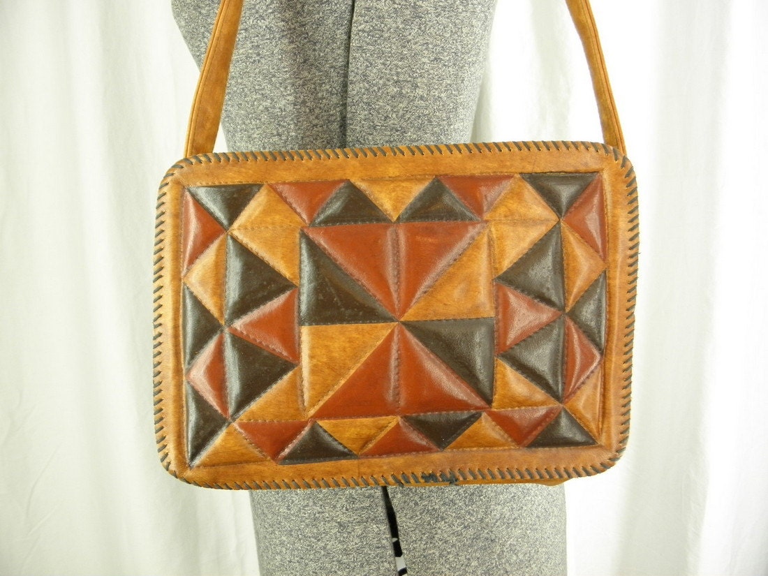 patchwork faux leather vintage 1970s brown shoulder bag purse