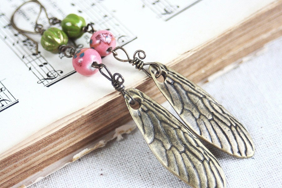 Woodland Fairy Gypsy Boho Earrings Dragonfly Wings Pink and Green Antiqued Brass Long Wire Wrapped