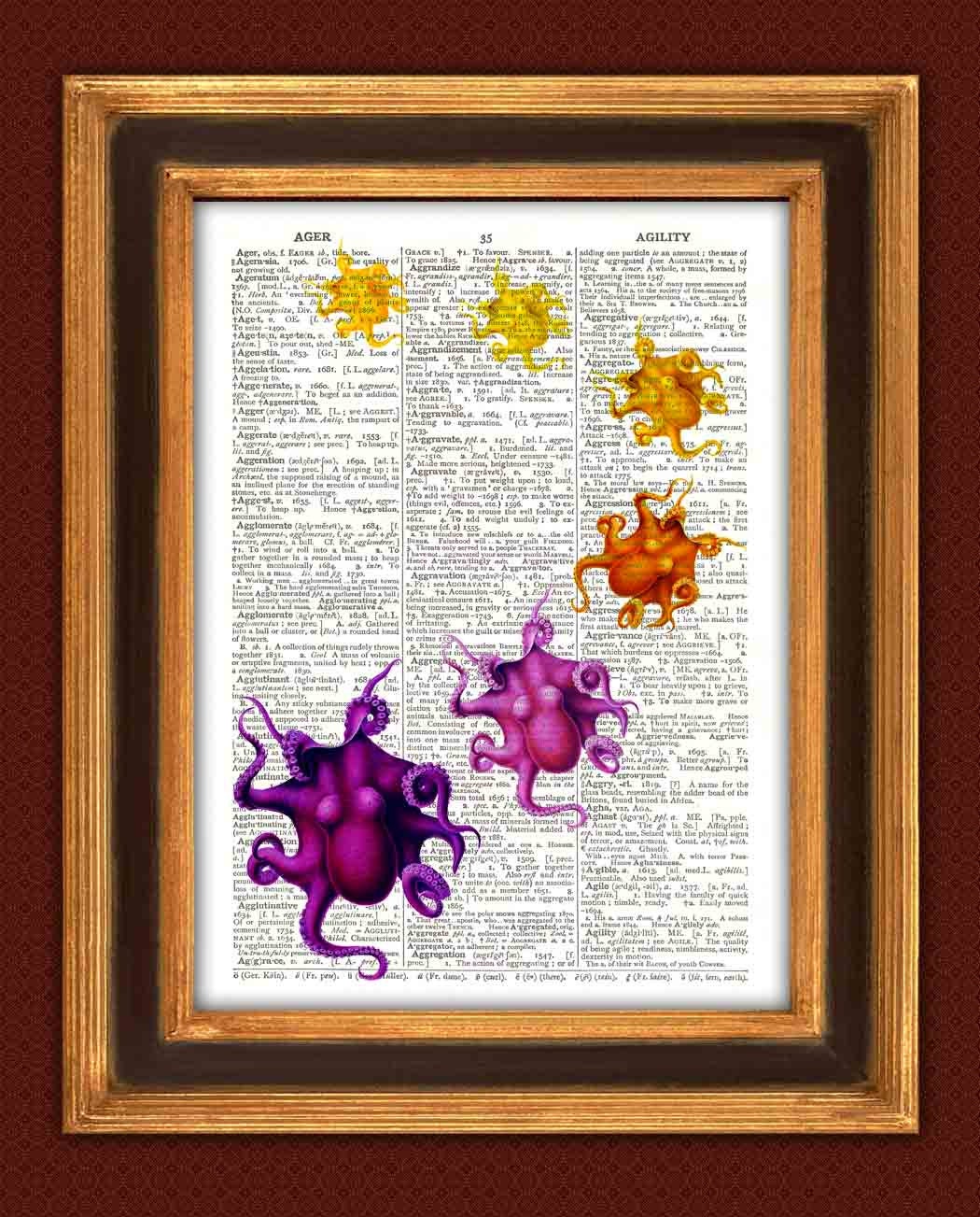 Octopuses print, wall home decor Coastal living, nautical art  vintage collage illustration  on old dictionary print