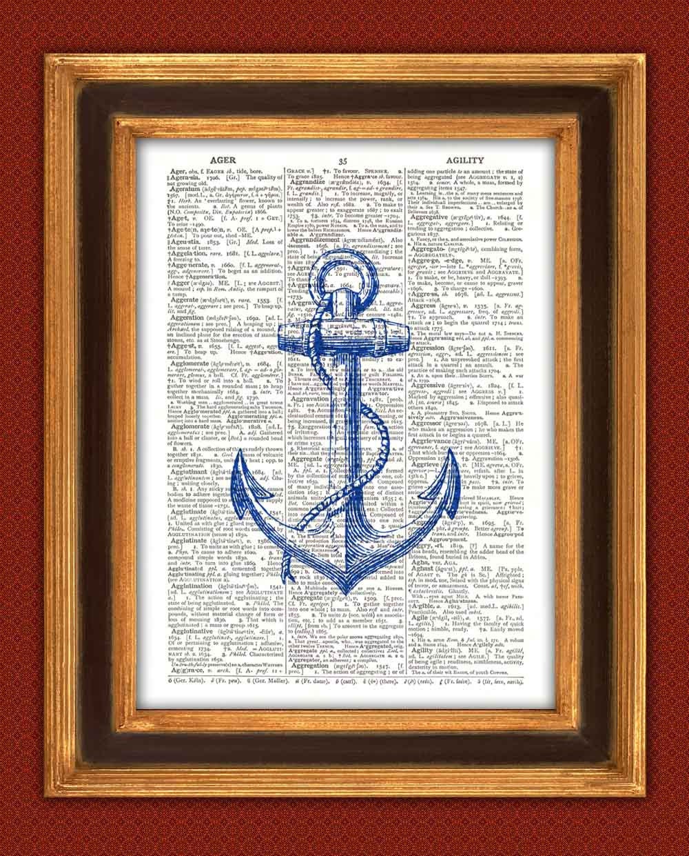 Blue Anchor Print  Upcycled Dictionary Page Upcycled Book Art, Vintage  Illustration, Nautical art, beach cottage decor, coastal living
