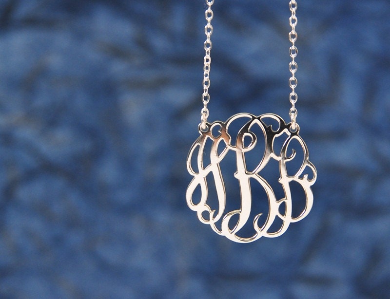 Monogram Necklace-1.25inch Initial Necklace silver monogram necklace