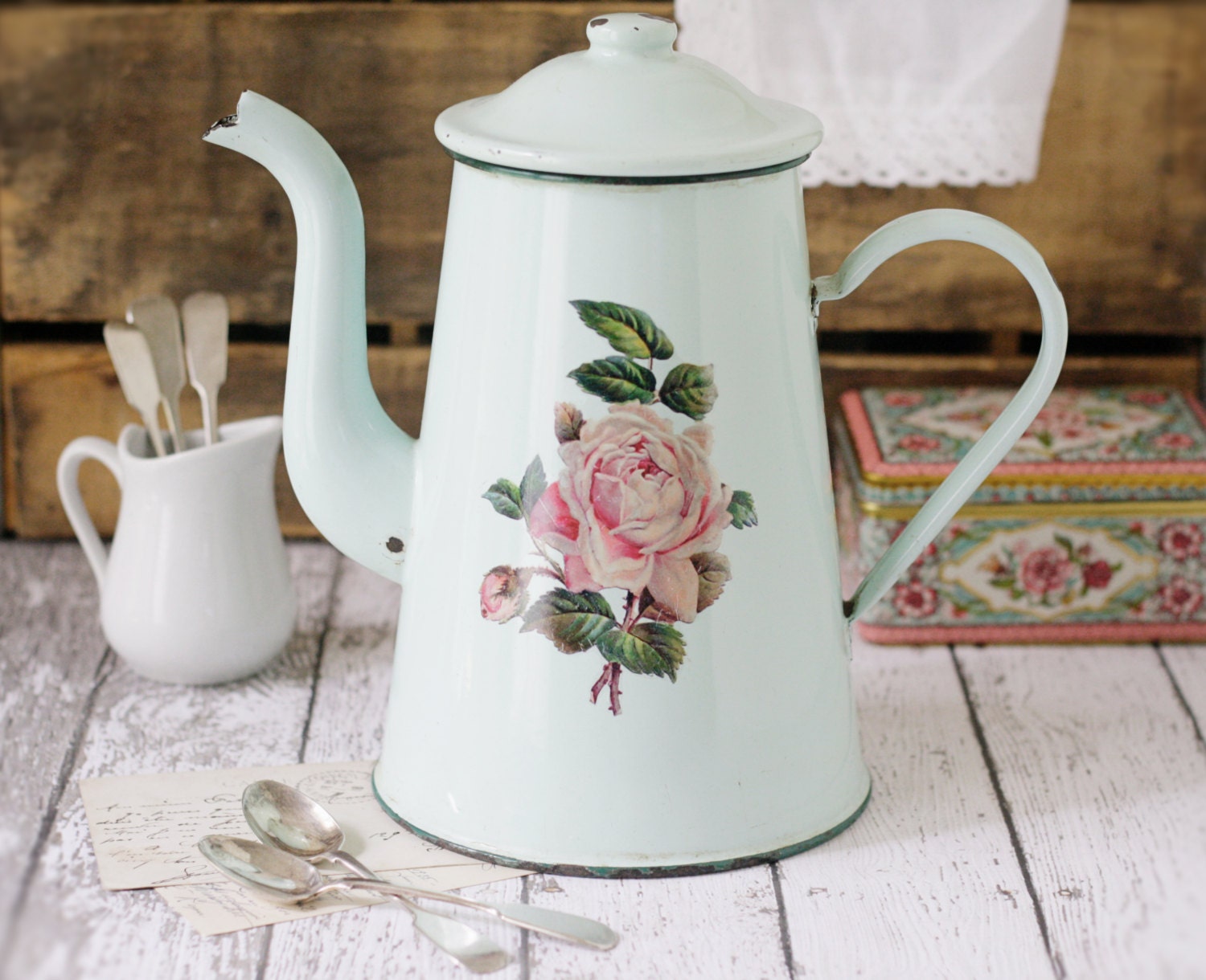Vintage French Aqua/Mint Enamelware Coffee Pot with Rose Detail - circa 1940's