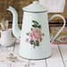 Vintage French Aqua/Mint Enamelware Coffee Pot with Rose Detail - circa 1940's