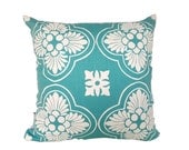 Cushion cover Moorish design. White design on aqua linen 40cm x 40cm