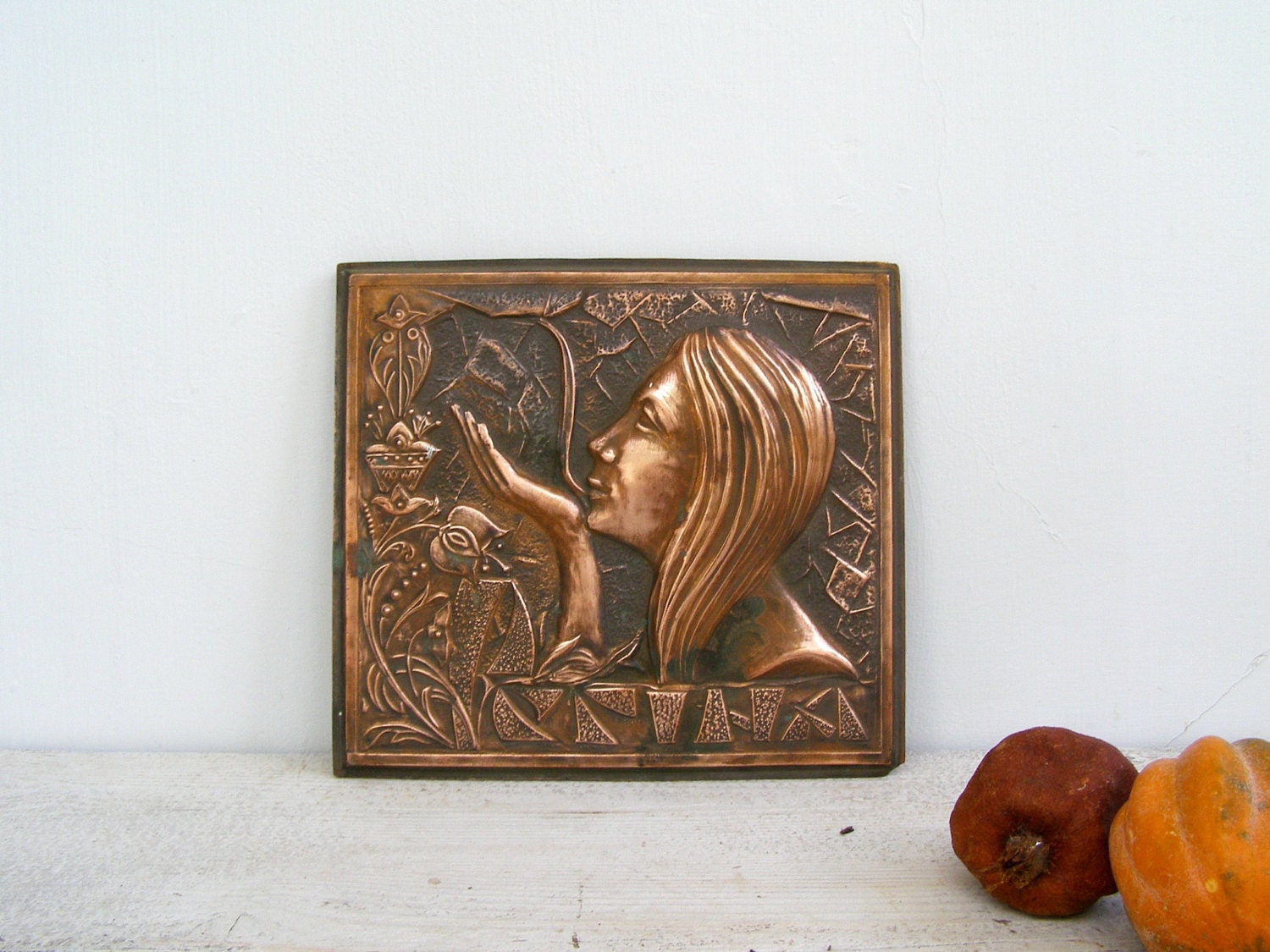 Woman Portrait Copper Wall Art, Make a wish, Cottage chic, Hammered MetalWork, Floral, gift for woman, for girl, Cottage chic, feminine Art
