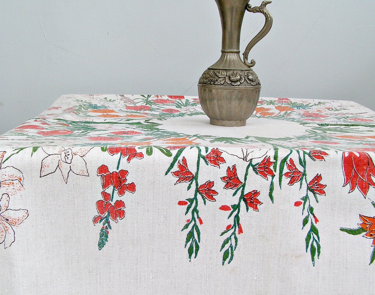 Vintage Floral Linen Tablecloth, French country, cottage chic, colorful Tablecloth, Rustic housewares, Garden inspired
