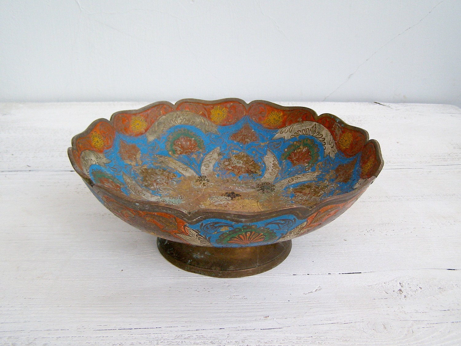 Vintage Ornate Brass Bowl, Engraved Handpainted brass bowl, Oriental, Fruit Bowl, Collectible, Cottage chic, Display Bowl,