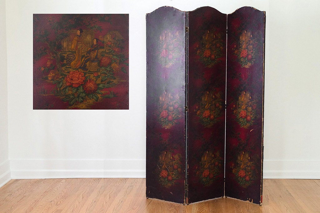 Vintage Distressed Toile Chinoiserie Dressing Screen