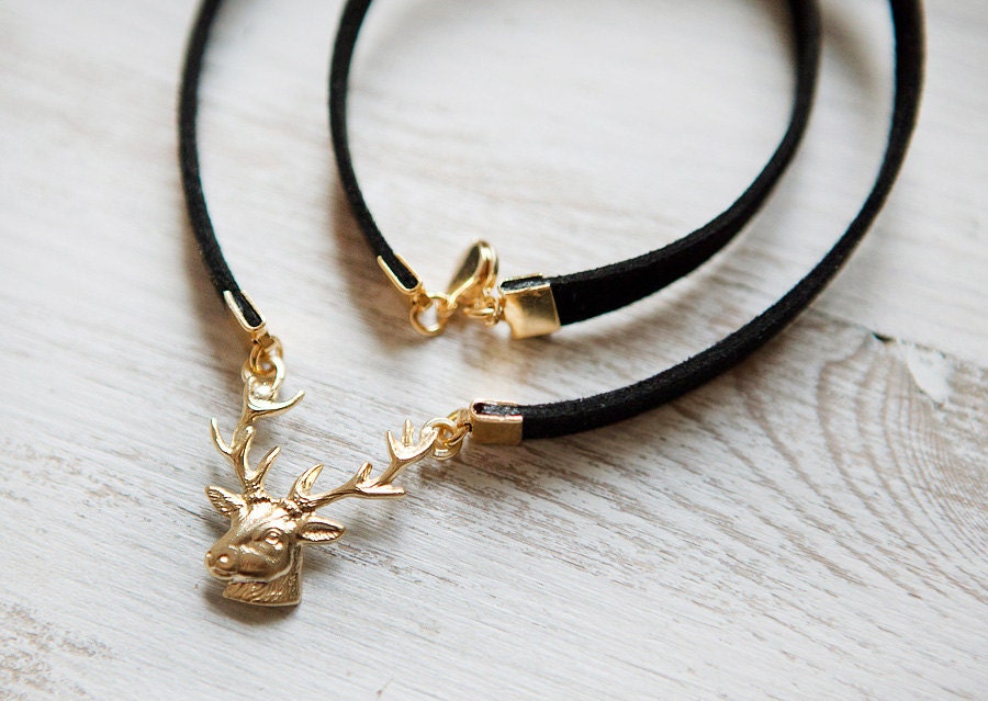 Gold Deer & leather cord Necklace  by pardes israel