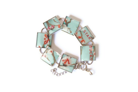Resin Jewelry, Recycled jewelry, Starbucks Jewelry, custom bracelets, silver bracelets (Cherry tree)