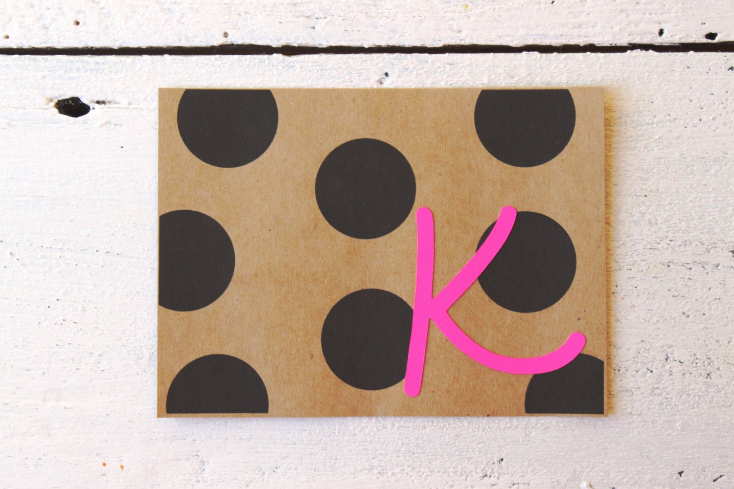Custom Stationary Neon Pink Initial Stationery Polka Dot Kraft Paper Note Cards Hot Pink Personalized Stationary Grocery Bag - Set of 10 - WhenItRainsShop