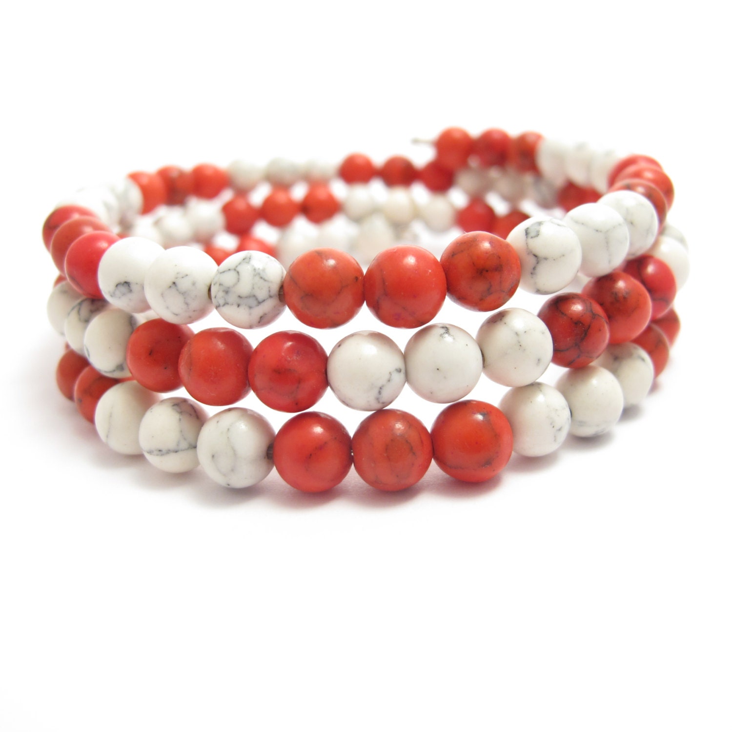 Wrap Around Bracelet, Red and White Stone Beads