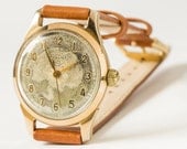 Antique wrist watch Russia gold plated AU men's watch rare shabby ornamented face caramel leather watch