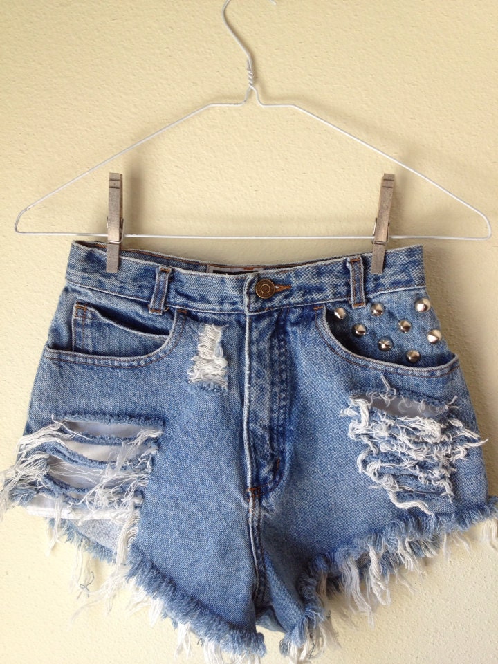 High Waisted Destroyed Denim Shorts with Silver Cone Studs