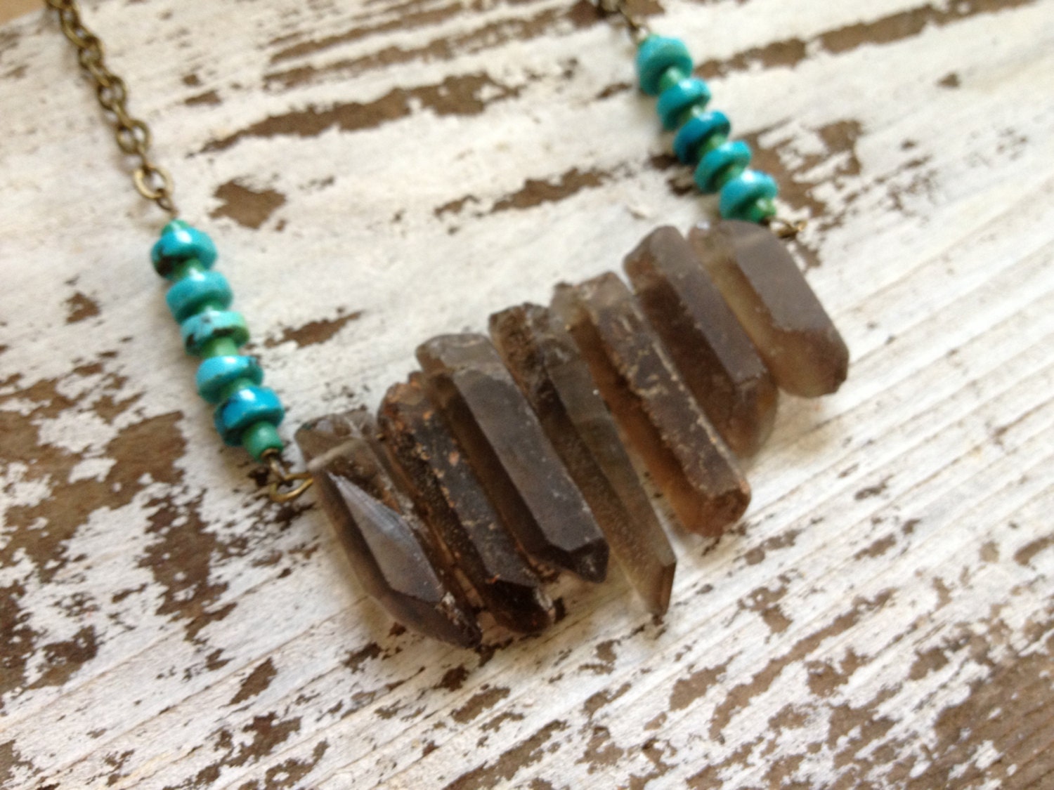 RIVER / Raw Crystal Necklace - Rough Smokey Quartz Crystal Turquoise Chevron Spears Spikes Shield Long Brass - Native Tribal Boho, Gift
