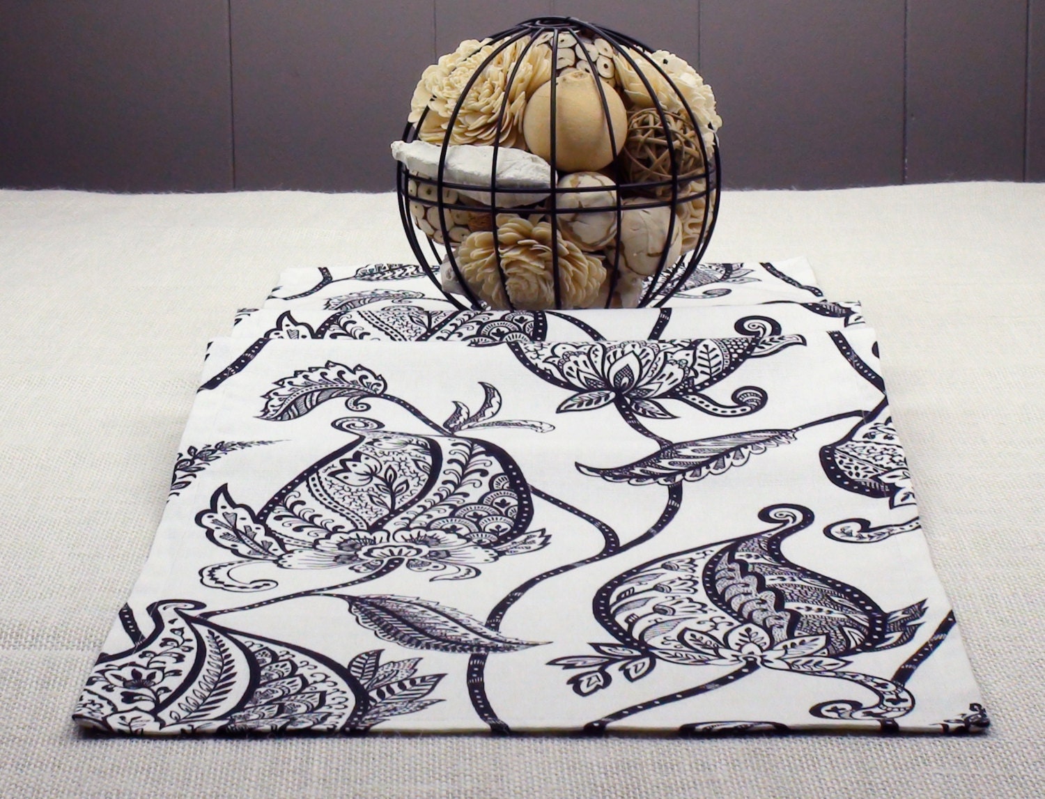 Black and White Paisley Table Runner, Black and White Tablecloth 60 inch long table runner