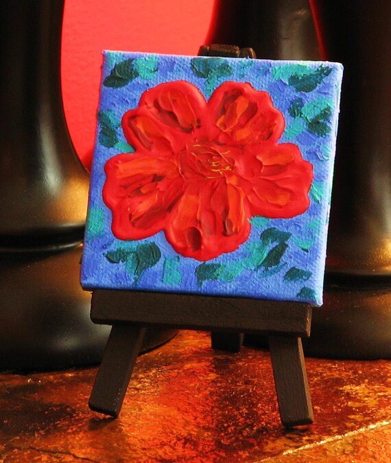 Mini Red Flower with Easel. Original Handpainted Acrylic Thick 3d Texture Impasto Palette Knife Painting. Size 3 x 3.
