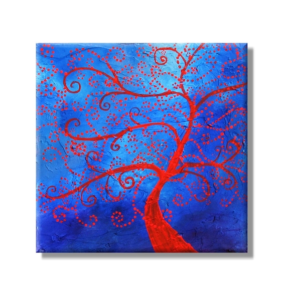 Red Whimsical Swirly Tree. Original Handpainted Acrylic Thick 3d Texture Impasto Palette Knife Painting. Size 12 x 12.