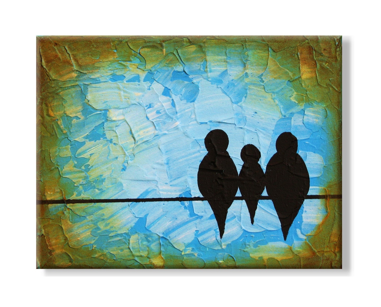 Birds on a Wire. Original Handpainted Acrylic Thick 3d Texture Impasto Palette Knife Painting. Size 8 x 10.