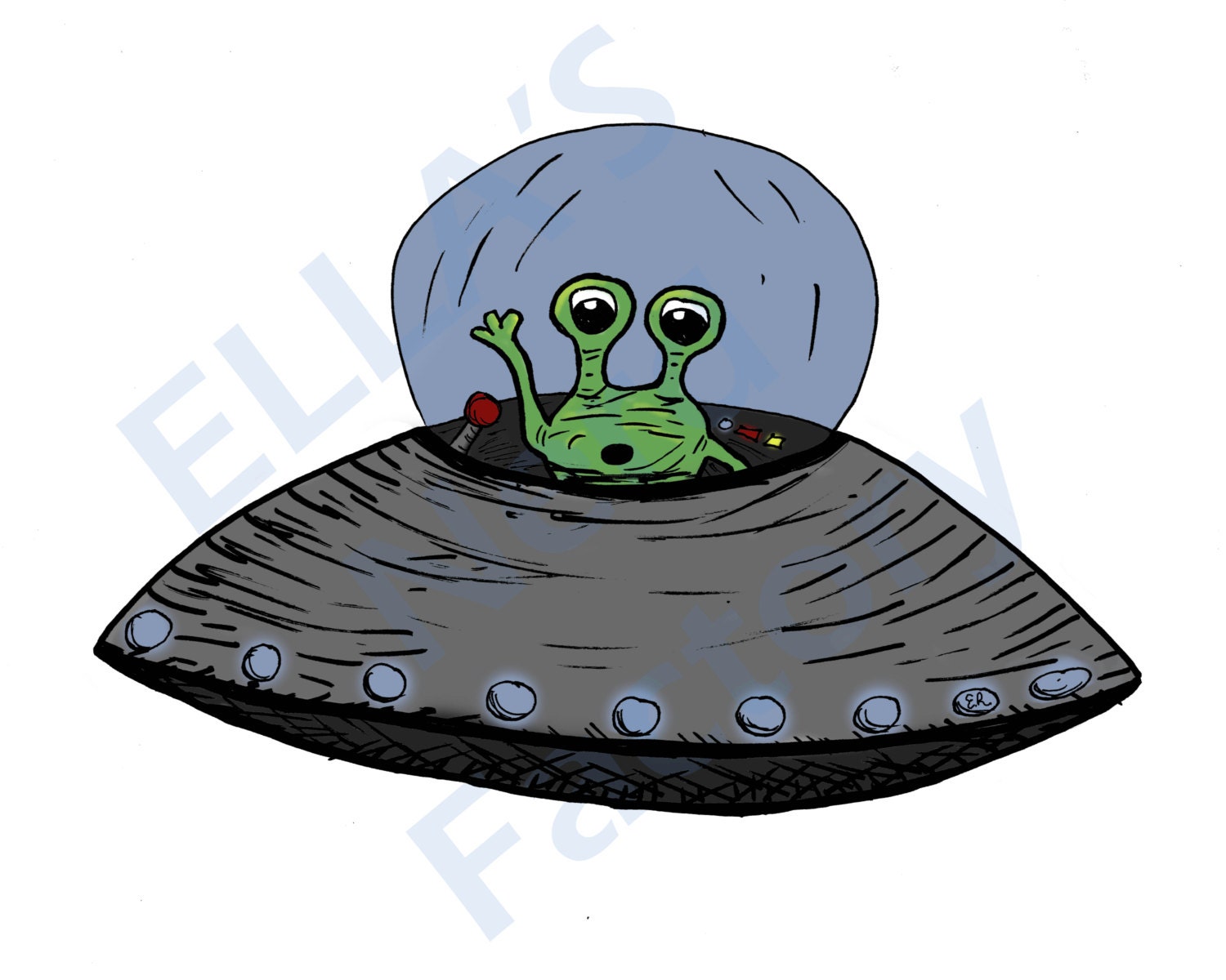 Alien UFO Sketch Color Art Print 10x8 Inch