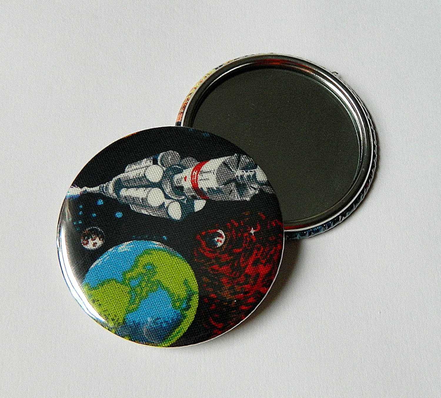 Aliens Pocket Mirror.  Handbag Mirror, space print fabric.