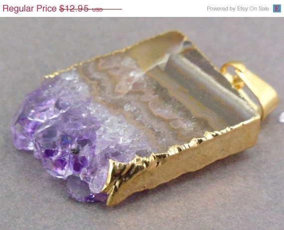 Memorial Day Sale Amethyst Stalaite Slice with Gold Edging Pendant Necklace option BEST PRICING vertical version
