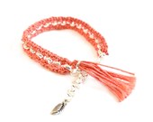 Romantic Tassel Bracelet, Crochet Bracelet, Coral Red and Silver Plated Chain