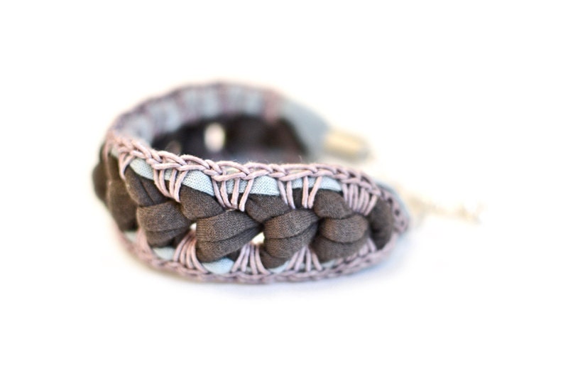 Fabric Bracelet Grey Mauve Blue, Crochet Bracelet