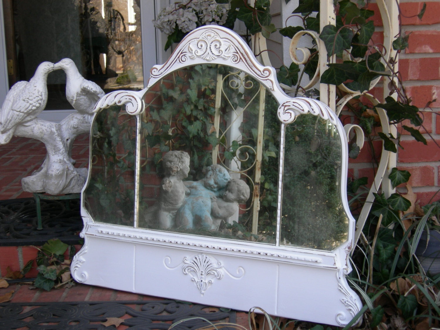 White Triple WALL MIRROR Vintage Antique Shabby Chic Crown Tiara Distressed Paint Ghosty Silvering